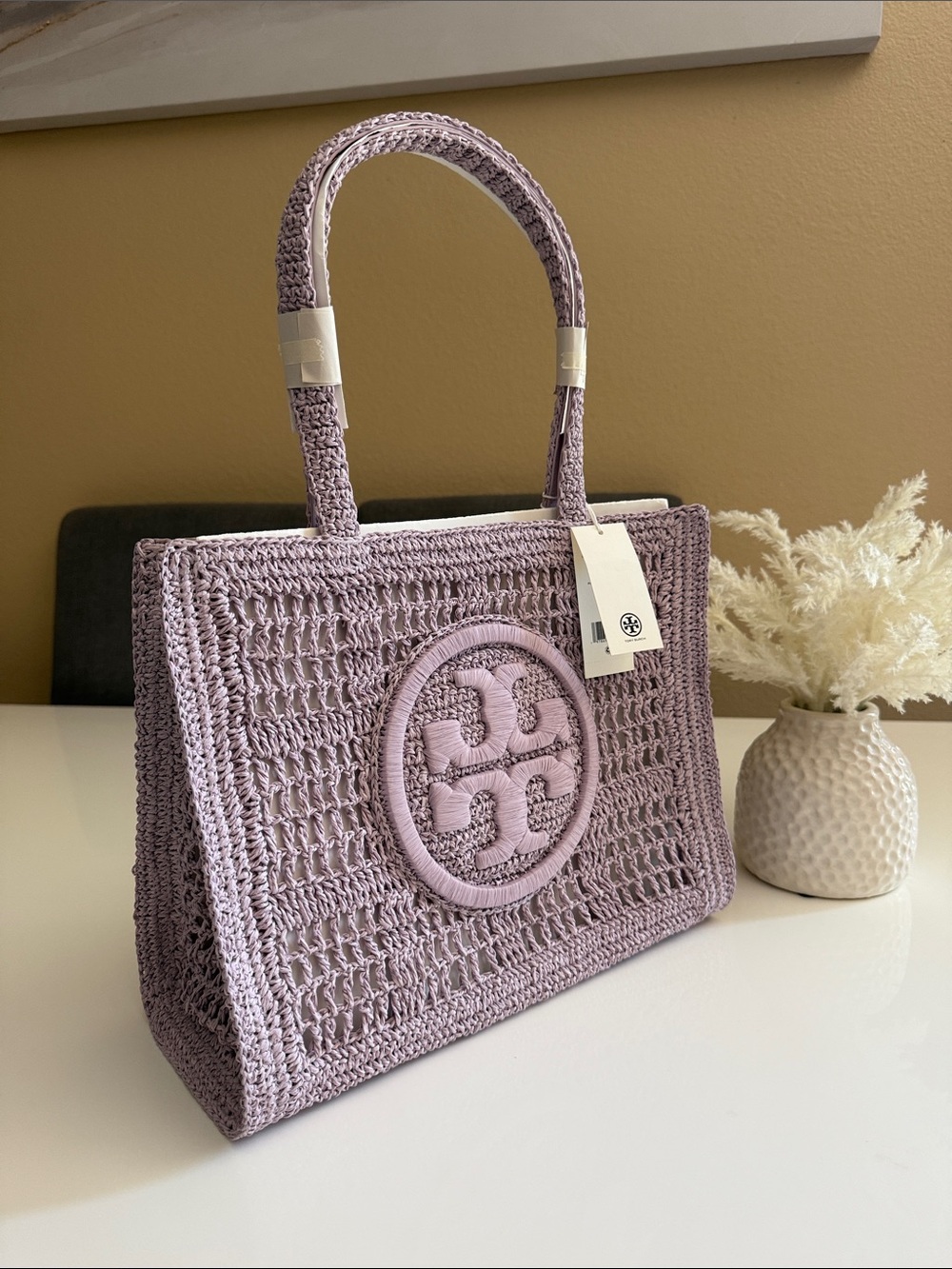 NWT , tory burch ELLA HAND-CROCHETED
SMALL TOTE pale purple